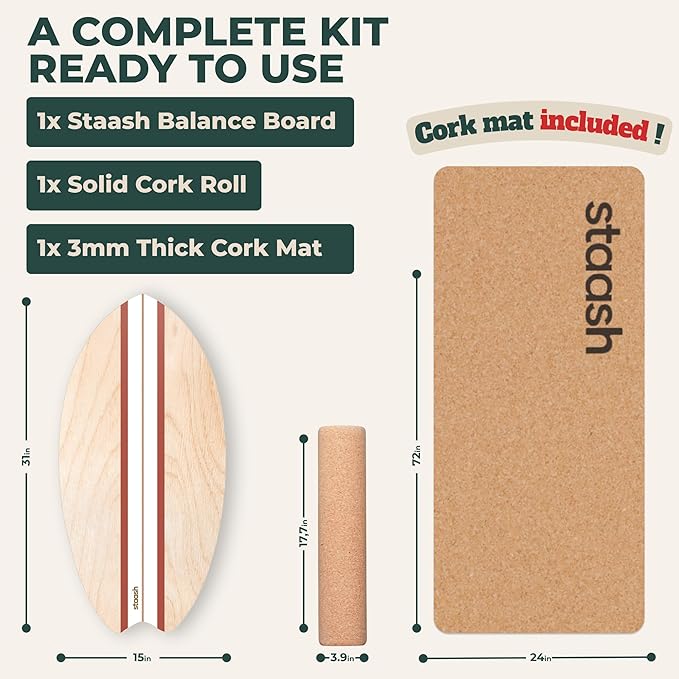 STAASH® Balance Board – Starter (Board + Roller) or Full Kit (w/Mat, Ball & Disc) – Core Balance Trainer for Fitness, Rehab, Surf – Free Coaching Videos
