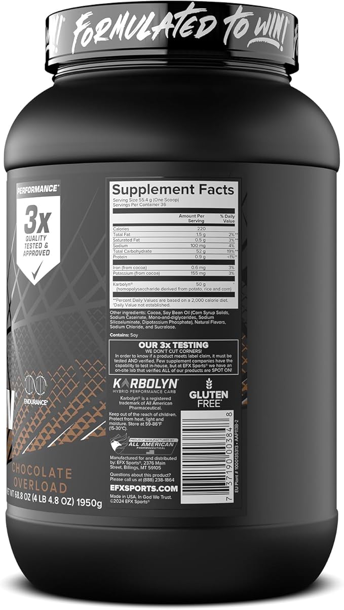 EFX Sports Karbolyn Fuel | Fast-Absorbing Carbohydrate Powder | Carb Load, Sustained Energy, Quick Recovery | Stimulant Free | 36 Servings (Chocolate Overload)