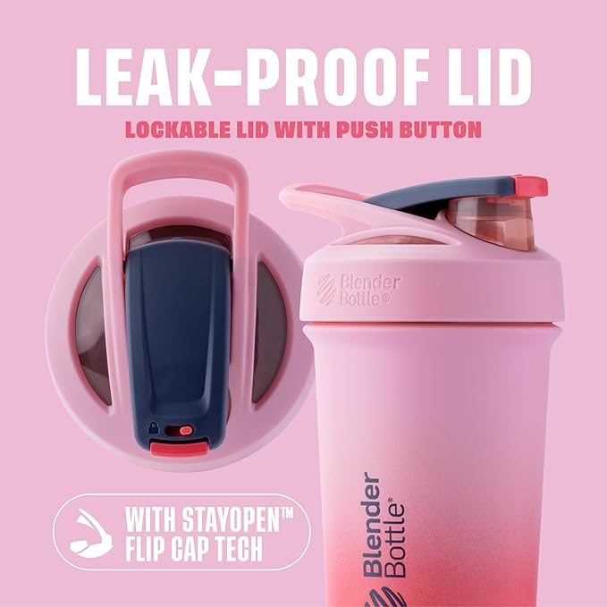 BlenderBottle Strada Sleek Shaker Cup Insulated Stainless Steel Water Bottle with Wire Whisk, 25-Ounce, Flamingo Ombre