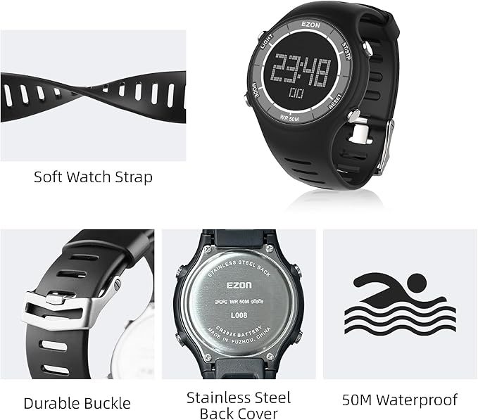 EZON Digital Watch 5ATM Waterproof Stopwatch with Countdown Timer/Chronograph/Lap Timing/EL Backlight/Alarm,Non Bluetooth,Digital Sports Watch for Men & Women