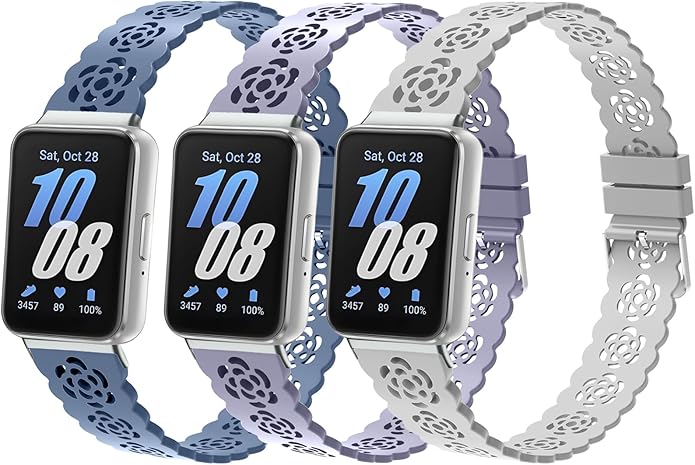 3 Pack Sport Bands Compatible with Samsung Galaxy Fit 3, Slim Lace Breathable Rose Hollowed-out & Leopard Engraved Silicone Replacement Straps Wristbands for Galaxy Fit3 SM-R390 Smart Watch Women Men