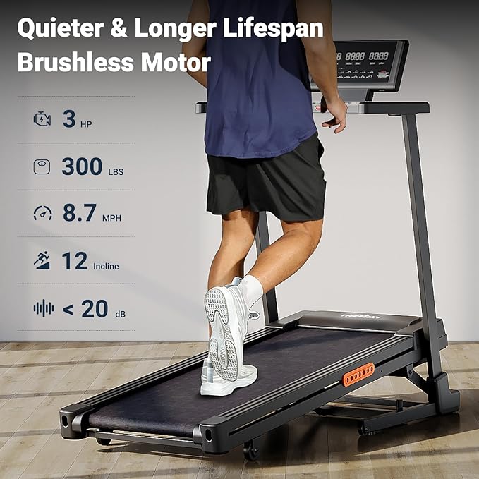 THERUN Treadmill with Incline, 3.0 HP Foldable Treadmills for Home, Brushless Motor Auto Incline Treadmill, 12 Level Adjustable, 300 LBS Capacity, Quiet Running