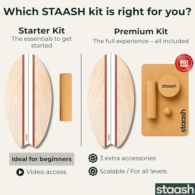 STAASH® Balance Board – Starter (Board + Roller) or Full Kit (w/Mat, Ball & Disc) – Core Balance Trainer for Fitness, Rehab, Surf – Free Coaching Videos
