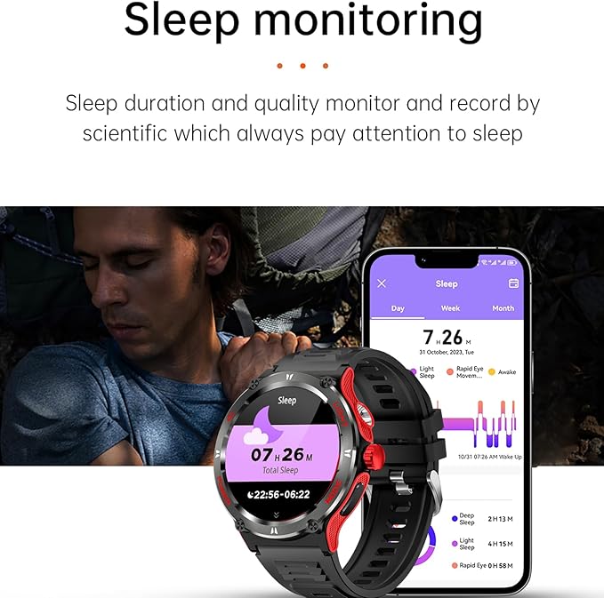 Yihou Smart Watch with Compass and Flashlight, Military Activity Tracker for Android iOS(Bluetooth Call Answer/Dial Calls) Rugged Smartwatch AI Voice Assistant/Heart Rate/Blood Pressure