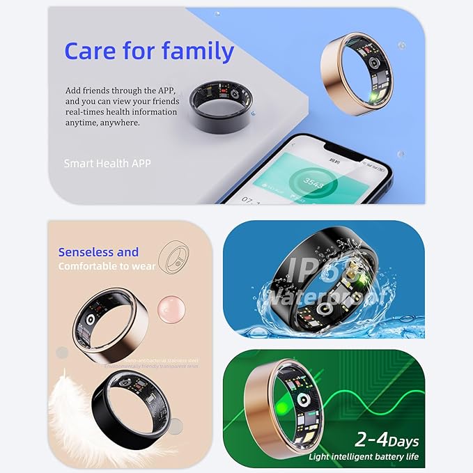 Smart Ring for Men & Women, Smart Ring Health Tracker, Blood Oxygen & Heart Rate Monitor Sleep Ring, Wearable IP68 Waterproof Fitness Monitor, Long Lasting Battery Smart Ring (Black, 13)