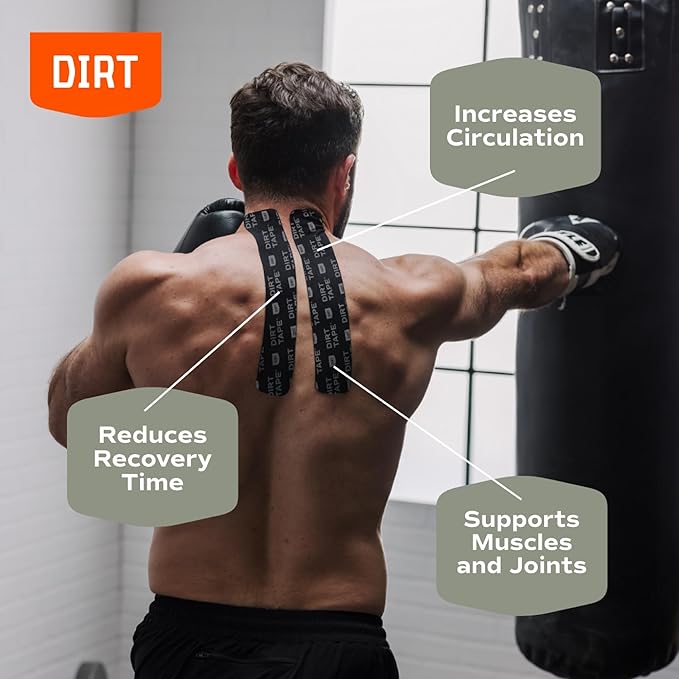 DIRT Tape-Pre Cut Athletic Kinesiology Tape-Muscle Pain Relief & Joint Support-Premium Elastic Cotton-Latex-Free-Water Resistant-Gym, Indoor & Outdoor Sports- Single roll (16.4 ft)-Black w/Logo