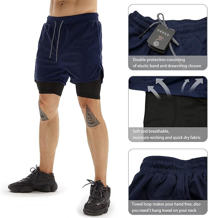OEBLD Mens Athletic Shorts 2-in-1 Gym Workout Running 7'' Shorts with Towel Loop