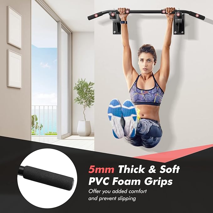 Goplus Wall Mounted Pull Up Bar 3 Grip 440 LBS