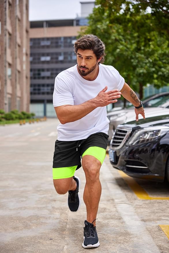 COOFANDY Men's 2 Pack Running Shorts 2 in 1 Workout Shorts Quick Dry Gym Training Athletic Jogger with Phone Pockets