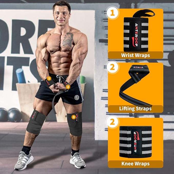 Strength Training Kit: Knee Wraps, Wrist Wraps, and Lifting Straps Set (3 Pairs) - Ultimate Protection for Weightlifting, Bodybuilding, and Fitness Workouts