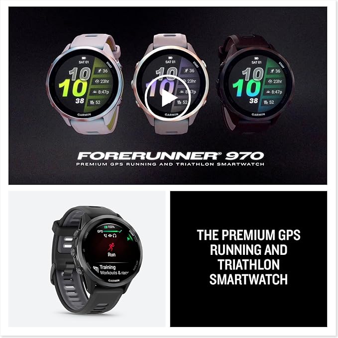 Garmin® Forerunner® 970, Premium GPS Running and Triathlon Smartwatch, AMOLED Display, Built-in LED Flashlight, Carbon Gray DLC Titanium with Black Case and Black/Translucent Whitestone Band