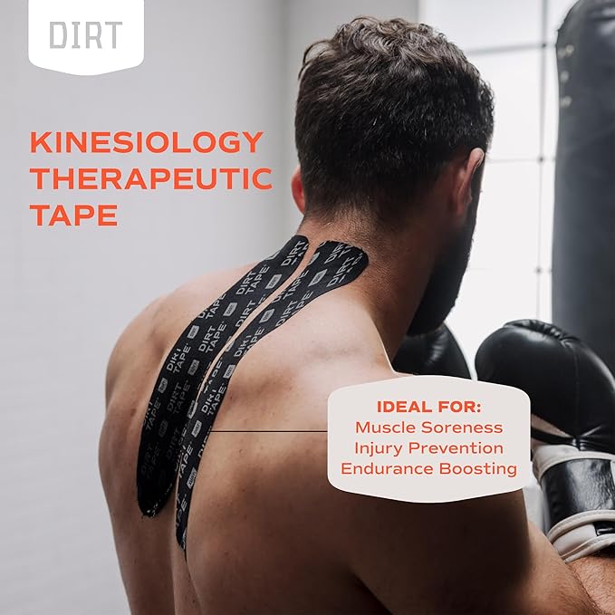 DIRT Tape-Pre Cut Athletic Kinesiology Tape-Muscle Pain Relief & Joint Support-Premium Elastic Cotton-Latex-Free-Water Resistant-Gym, Indoor & Outdoor Sports-2 Rolls (16.4 ft)-Black w/Logo
