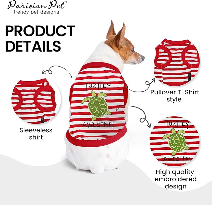 Parisian Pet Unisex Dog Tshirt - Embroidered “ Turtley Awesome! “ Dogs Clothes - Breathable and Lightweight Dog Tank Top- Sleeveless Red Doggy Tee Shirts - Machine Washable Shirt for Large Dogs - 2XL