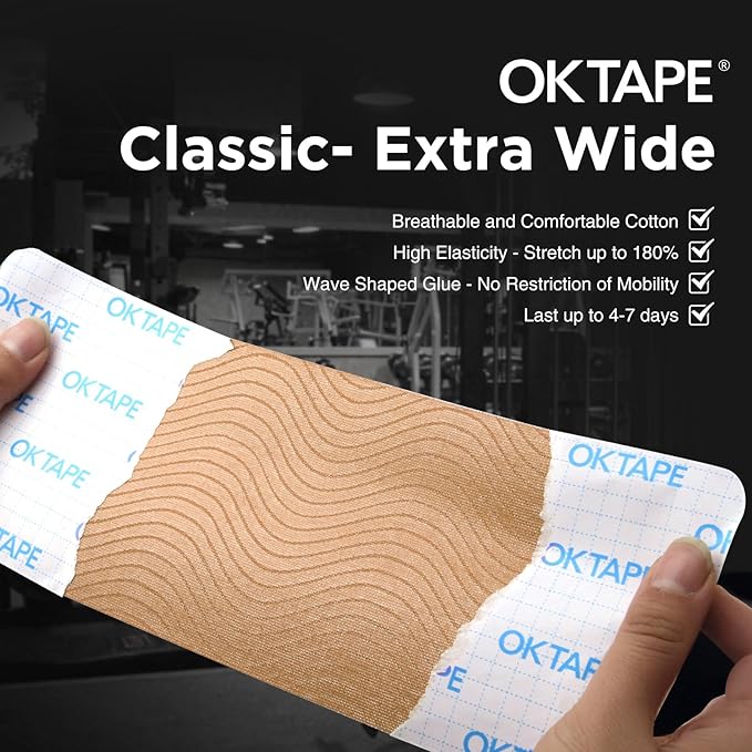 OK TAPE Extra Wide Kinesiology Tape, Precut K Tape Strips, Elastic Physical Therapy Athletic Tape for Pain Relief & Joint Support | Back, Shoulder, Knee (4" x 10" - 20Pcs) Blue