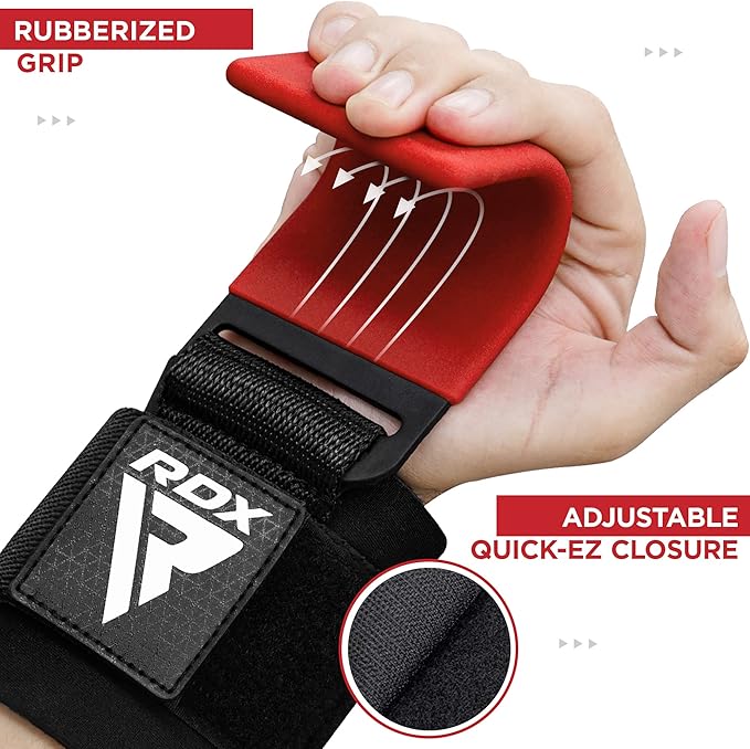 RDX Weight Lifting Hooks Straps Pair, Non-Slip Rubber Coated Grip, 7mm Neoprene Padded Wrist Wrap Support Powerlifting Deadlift Pull Up Fitness Strength Training, Gym Bodybuilding Workout, Men Women