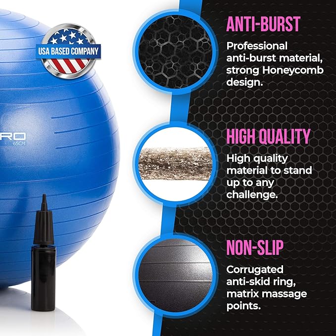 Exercise Ball – Extra Thick Eco-Friendly & Anti-Burst 2200lbs, Stability