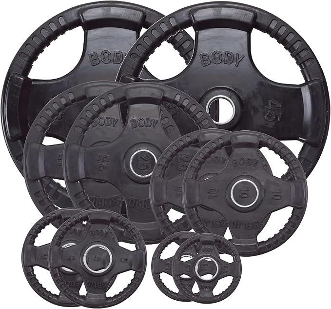 Body-Solid Quad Grip Design Rubber Plate - Olympic Weight Plates, Set with Rubber Coating, Dumbbell & Bumper Weights for Barbell