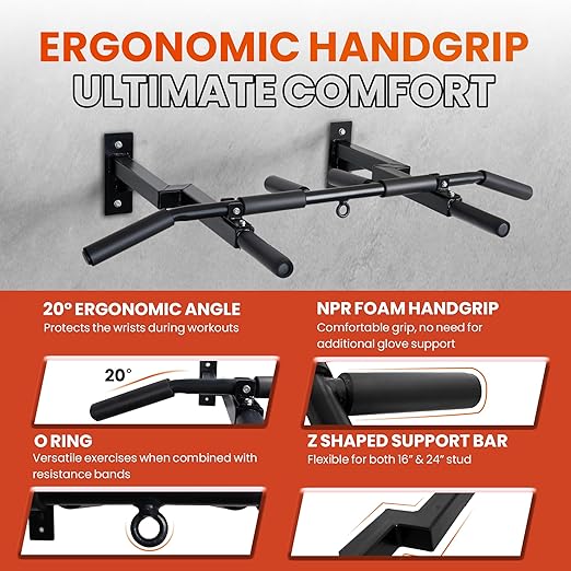 Yes4All Multi-Grip Wall Mount Pull-Up Bar 16 & 24" Reversible
