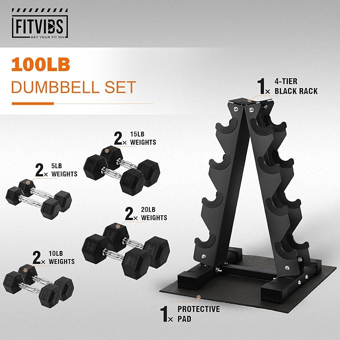 Rubber Coated Hex Dumbbell Weight Set and Storage Rack, 100LB Set or 150LB Set, 5-20 lbs Pairs or 5-25 lbs Pairs