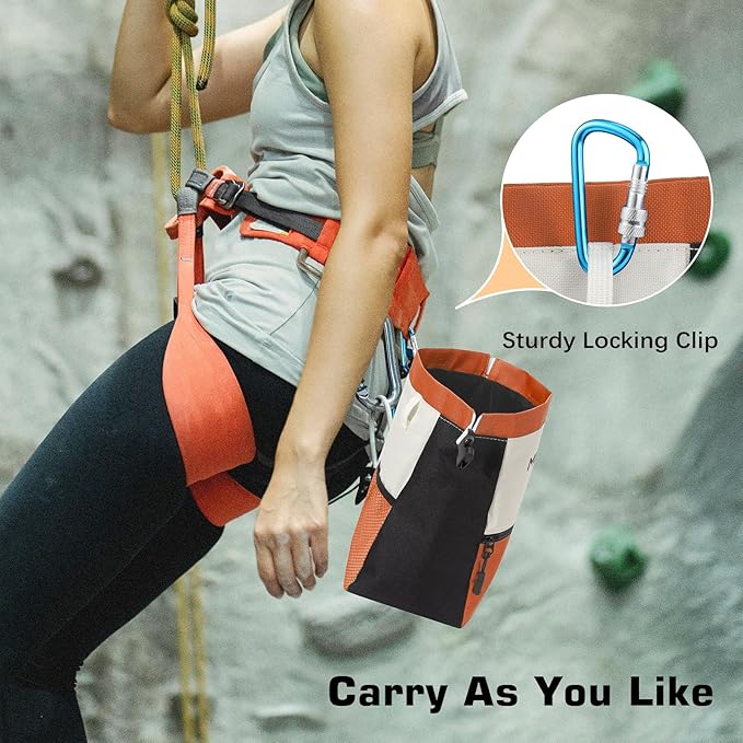 MoKo Chalk Bag for Rock Climbing, Large Capacity Climbing Chalk Bag with Magnetic Snap and Zipper Pocket, Portable Chalk Bucket for Rock Climbing, Weight Lifting, Bouldering, Gymnastics, Fitness