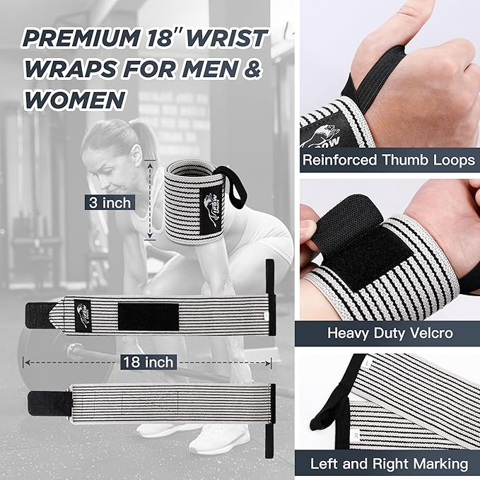 IPOW 18'' Professional Wrist Wraps for Weightlifting 2 Pack(IPF Approved), Heavy Duty Gym Wrist Straps for Working Out, Weight Lifting Wrist Brace for Men & Women, Wrist Support with Thumb Loop