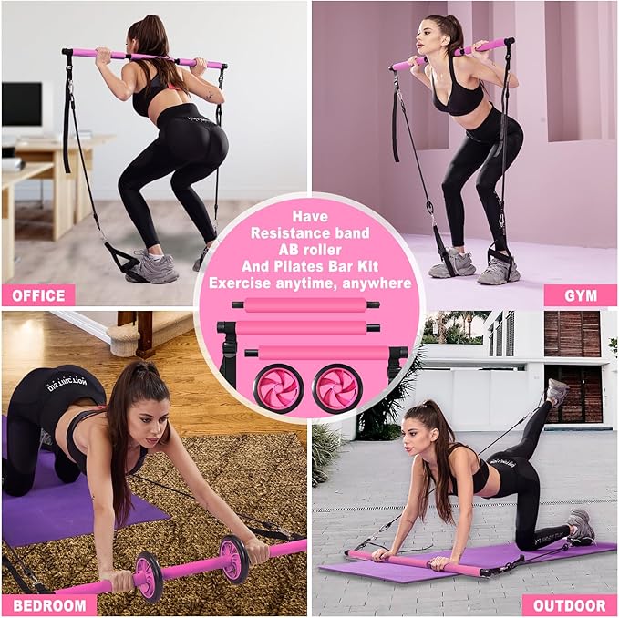 Ultimate Pilates bar kit.Multiple Fitness bar with Resistance Bands, Ab Rollers. Core Strength Training Equipment. Squat Machine for Men and Women. Portable Home Gym