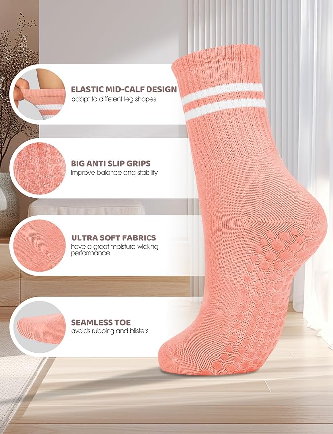 AURUZA 6 Pairs Pilates Grippy Socks with Grips for Women Non Slip Skid Yoga Socks Crew Length for Ballet Home Workout