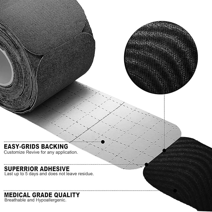 REFUN Kinesiology Tape Precut (4 Rolls Pack), Elastic Therapeutic Sports Tape for Knee Shoulder and Elbow, Pain Relief, Waterproof, Latex Free, 2" x 16.5 feet Per Roll, 20 Precut 10 Inch Strips Black