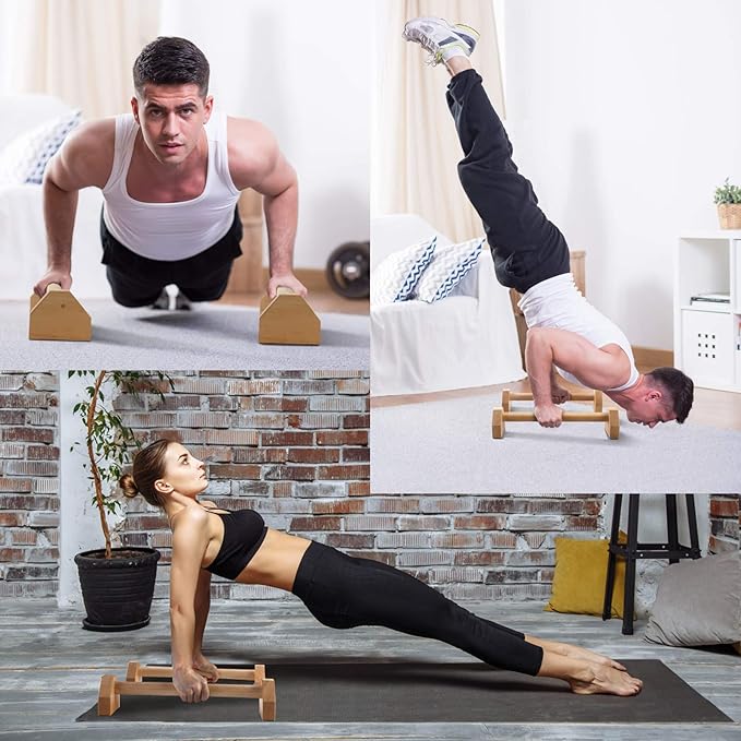Pushup Stands - Wooden Push Up Bars Gym Gear Equipment with Anti-Slid Mat Workout Solid Exercise Women Men Portable Fitness