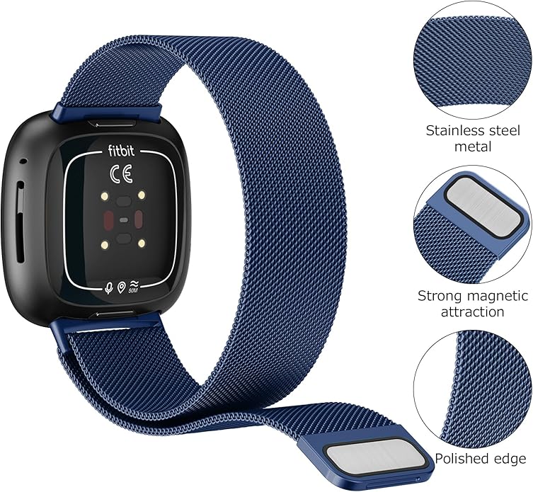 Vanjua Metal Band for Fitbit Sense 2 / Sense Bands, Fitbit Versa 4 / Versa 3 Bands Women Men, Stainless Steel Mesh Magnetic Replacement Bracelet Strap Compatible for Fitbit Sense 2 / Versa 4 Smartwatch