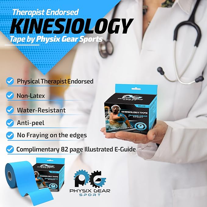 Physix Gear Cotton Kinesiology Tape Roll 16ft, Latex-Free Athletic Tape for Muscles/Joints, Waterproof Kinesiolgy, Stretchy Kinesiologytape, Gentle on Skin Kiniseaology Tape, Kinesology Tape