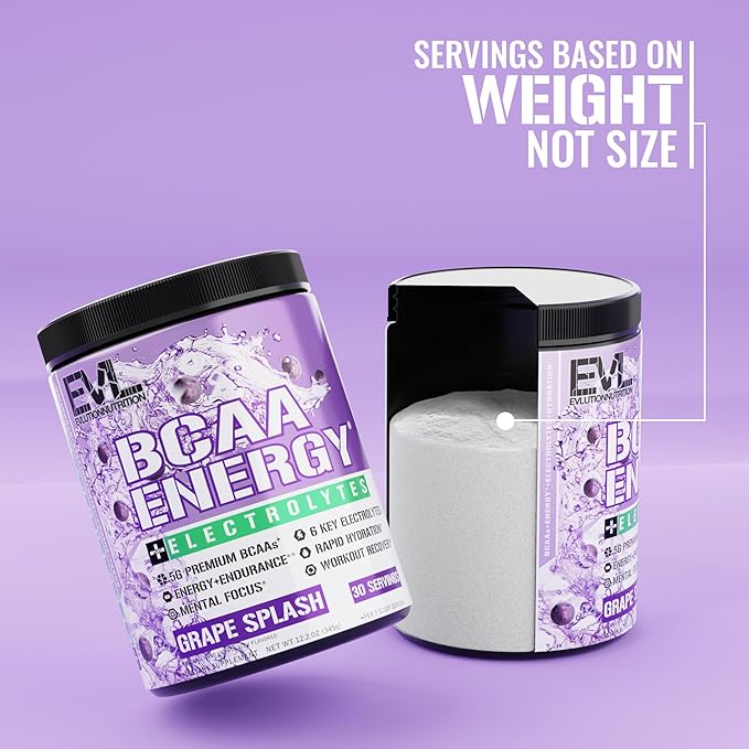 EVL BCAAs Amino Acids Powder - BCAA Energy Pre Workout Powder for Muscle Recovery Lean Growth and Endurance - Rehydrating Post Workout Recovery Drink with 6 Key Electrolytes - Grape Splash