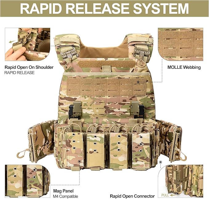 Quick Release Tactical Vest, Adjustable Breathable Weighted Vest for Men, Strong Tensile Lightweight Molle Vest 1000D Nylon for Duty Hunting Gaming