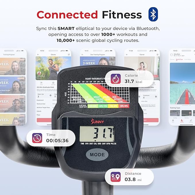 Sunny Health & Fitness 2-in-1 Smart Upright Elliptical Full-Body Exerciser w/Pulse Sensors, Home Cross-Training Cardio Workout Machine, Free SunnyFit App Bluetooth Link, Optional Long Stride Length