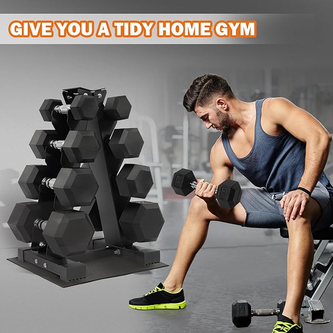 Rubber Coated Hex Dumbbell Weight Set and Storage Rack, 100LB Set or 150LB Set, 5-20 lbs Pairs or 5-25 lbs Pairs