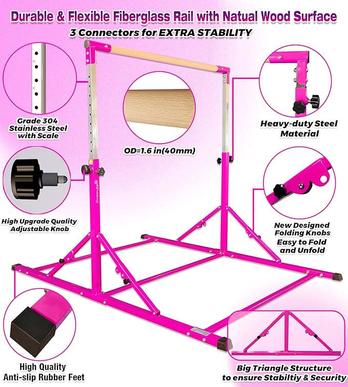 PreGymnastic Foldable Gymnastics Bar 6FT Gymnastic 3-18, Weight 500 LB,