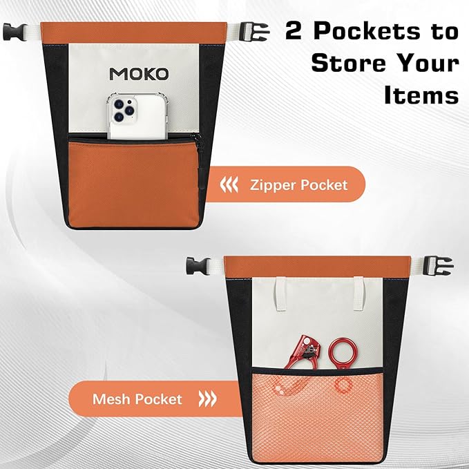 MoKo Chalk Bag for Rock Climbing, Large Capacity Climbing Chalk Bag with Magnetic Snap and Zipper Pocket, Portable Chalk Bucket for Rock Climbing, Weight Lifting, Bouldering, Gymnastics, Fitness