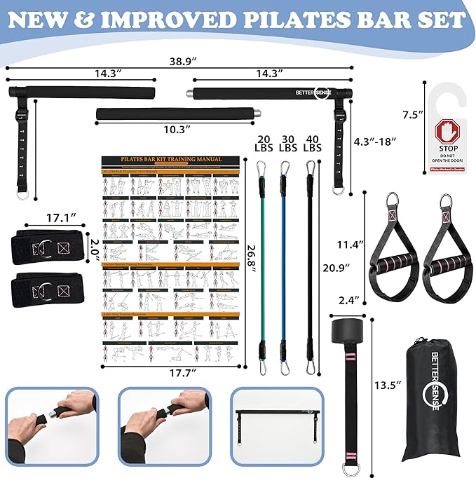Upgraded Pilates Bar Kit – 39” Adjustable Exercise 6X 20, 20, 30, 30, 40 40 lbs