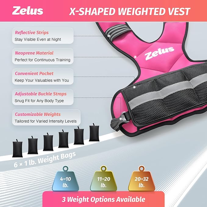 ZELUS Weighted Vest for Men and Women | 4-10lb/11-20lb/20-32lb Vest with 6 Ironsand Weights for Home Workouts | Adjustable Body Weight Vest Exercise Set for Cardio and Strength Training
