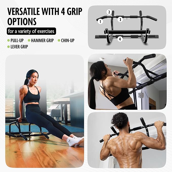 DMoose Fitness Pull Up Bar for Doorway - Upto 250 Lbs Capacity, No Screwing or Slipping, Hanging Pullup & Chin Up Bar for Door Frame - Padded Grips for Strength Training - Installation Guide Included