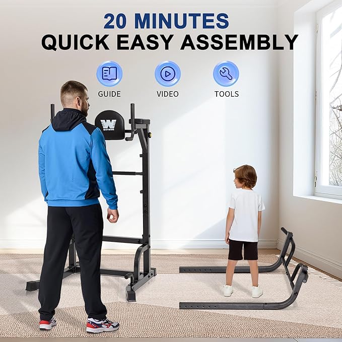 BARWING Pull Up Bar Station, Power Tower, Dip Station with 3D Backrest, Multi-Function Strength Training Stand Rack, Adjustable Height Dip Bar for Home Gym Workout Stand Fitness Exercise Equipment