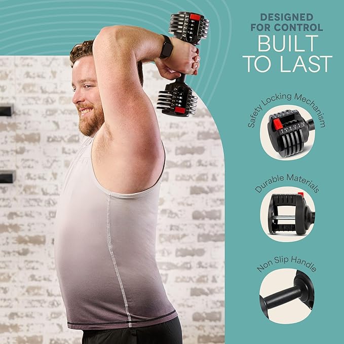 Lifepro Adjustable Dumbbells Set - 5in1-15lb 25lb 43lb weights Set & Single with Rack - Quick Adjust, Secure Grip - Compact Hand Weights for Men Women Home Gym