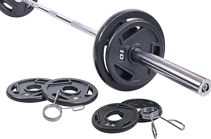 Signature Fitness Cast Iron Olympic 2-Inch Weight Plates Including 7FT Olympic Barbell, 130-Pound, 300-Pound or 325-Pound Set, Multiple Packages