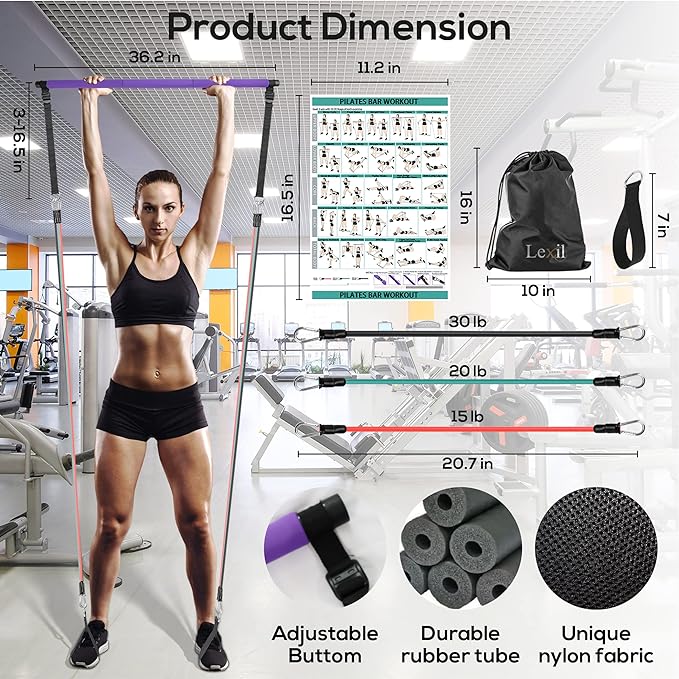 LEXIL Portable Pilates Bar Exercise Kit-Stackable 3 Pairs (15, 20, 20, 30LB) 30LB) -