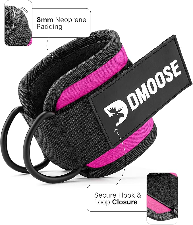 DMoose Fitness Ankle Straps for Cable Machines - One Size Fit with Premium Padding, Glute Kickback Ankle Strap for Women & Men, Cable Attachments for Gym, Booty Workouts, Leg Extension & Hip Abductors