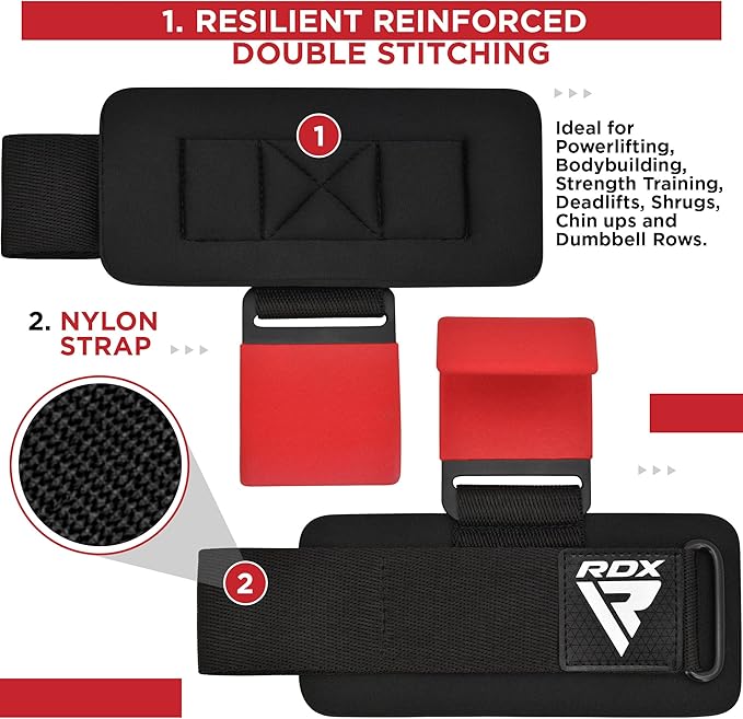 RDX Weight Lifting Hooks Straps Pair, Non-Slip Rubber Coated Grip, 7mm Neoprene Padded Wrist Wrap Support Powerlifting Deadlift Pull Up Fitness Strength Training, Gym Bodybuilding Workout, Men Women