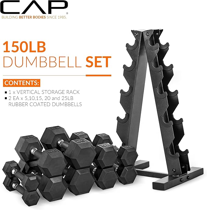 CAP Barbell 150 LB Coated Hex Dumbbell Weight Set with Vertical Rack | Multiple Options