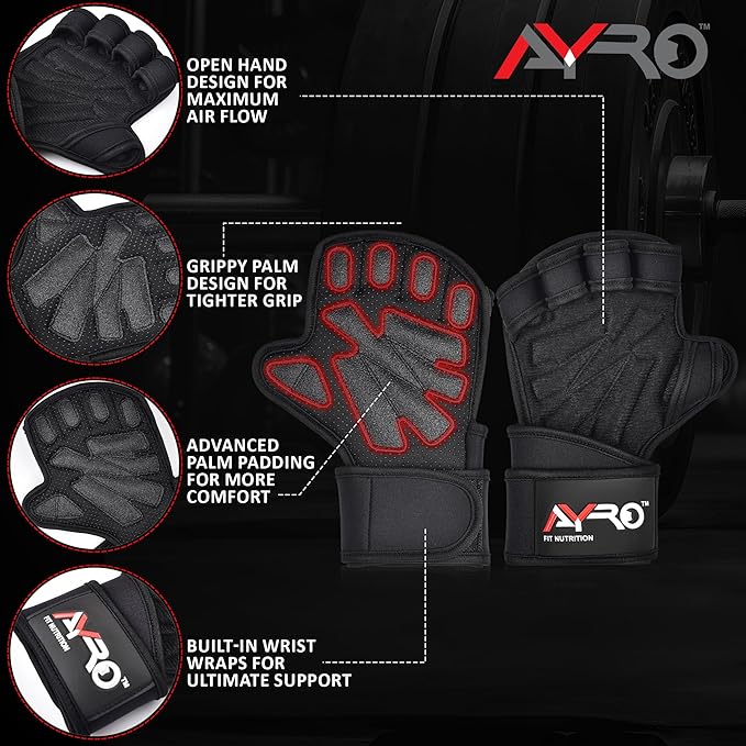 AYRO Ventilated Weightlifting Workout Gloves for Men & Women, Gym Gloves with Built-in Wrist Wraps for Men & Women-Best for Weightlifting, Gym Fitness, Hand Support & Cross Training