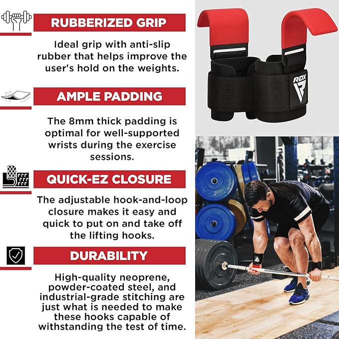 RDX Weight Lifting Hooks Straps Pair, Non-Slip Rubber Coated Grip, 7mm Neoprene Padded Wrist Wrap Support Powerlifting Deadlift Pull Up Fitness Strength Training, Gym Bodybuilding Workout, Men Women