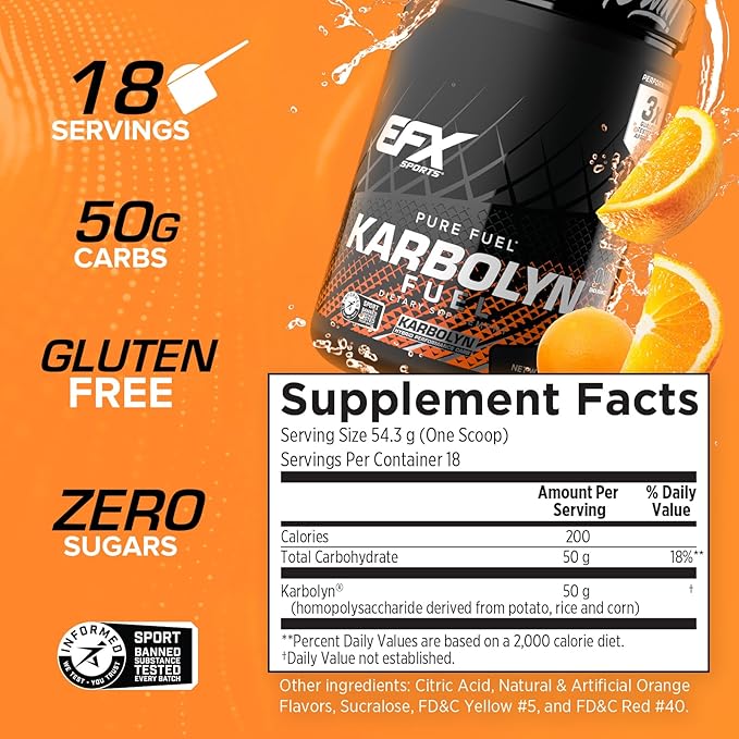 EFX Sports Karbolyn Fuel | Fast-Absorbing Carbohydrate Powder | Carb Load, Sustained Energy, Quick Recovery | Stimulant Free | 18 Servings (Orange)